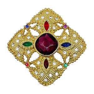Vintage Gold Tone Shield Multicolored Jeweled Rhinestone Brooch Pin Unmarked 2"
